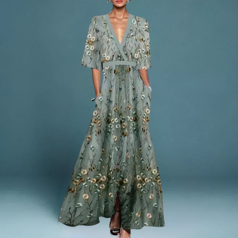 Floral Embroidered Deep V-Neck Maxi Dress