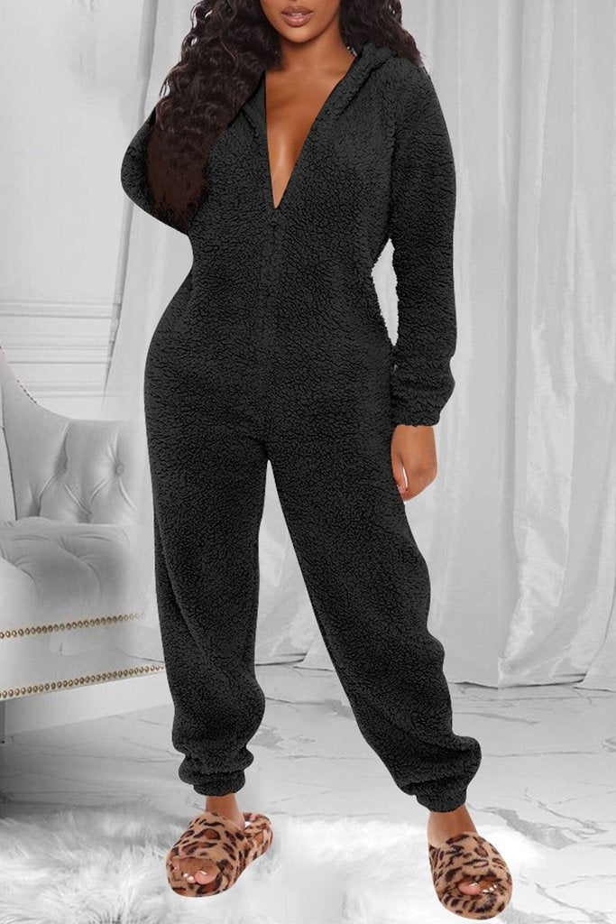 Fuzzy Hoodie Collar Jumpsuit Pajamas