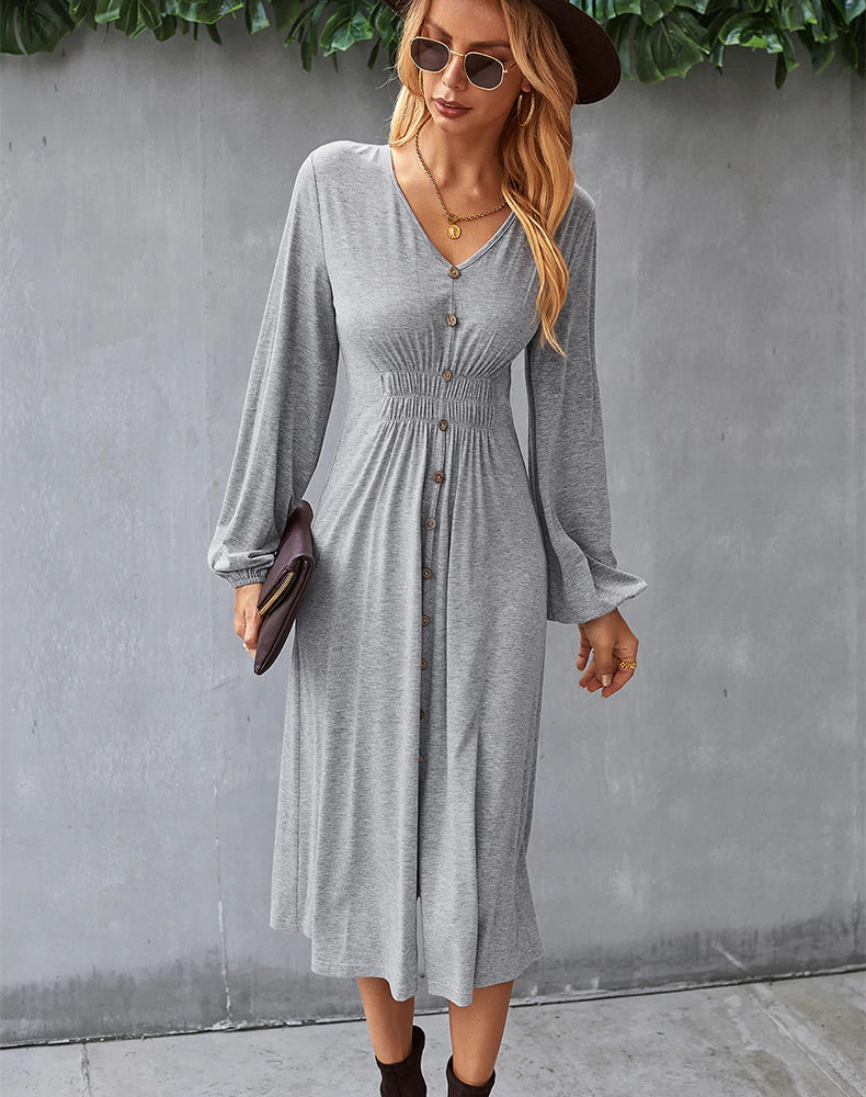 V-Neck Long Sleeve Button Front Smocked Waist A-Line Midi Dress 3