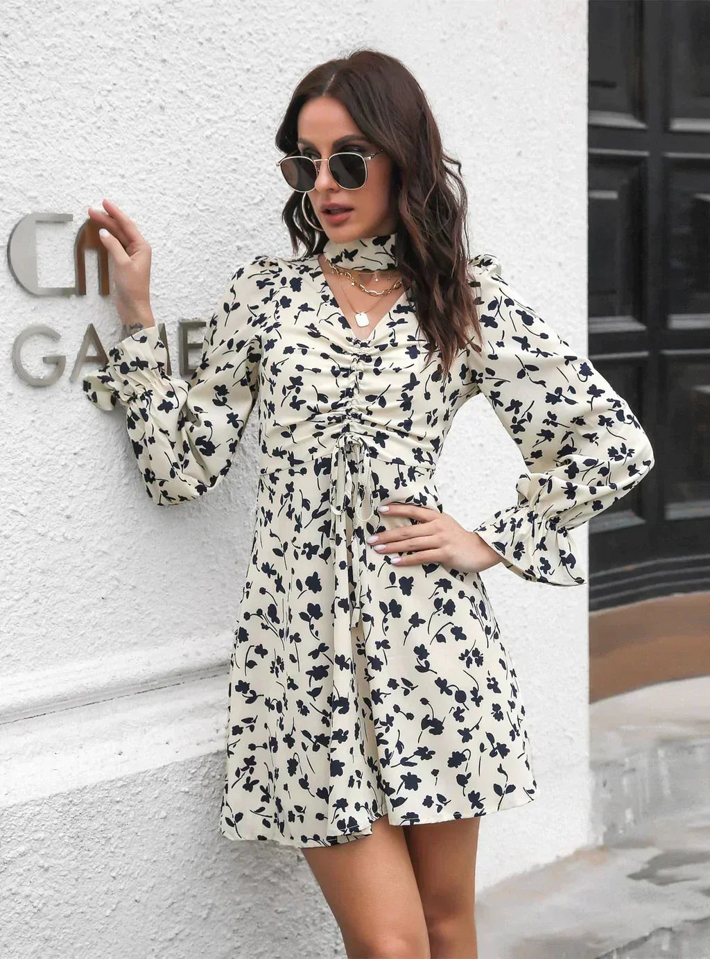 Floral Print V-Neck Choker Ruched Drawstring Flounce Sleeve Mini Dress