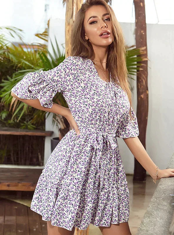 Ditsy Floral V-Neck Ruffle Bell Sleeve Belted Tiered Mini Dress 2