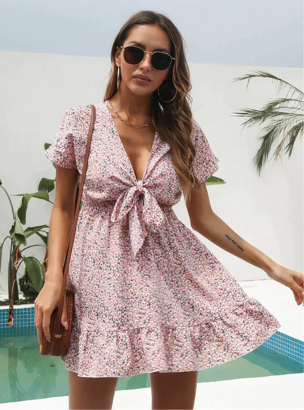 Ditsy Floral Deep V-Neck Tie Front Short Sleeve Ruffle Hem Mini Dress 2