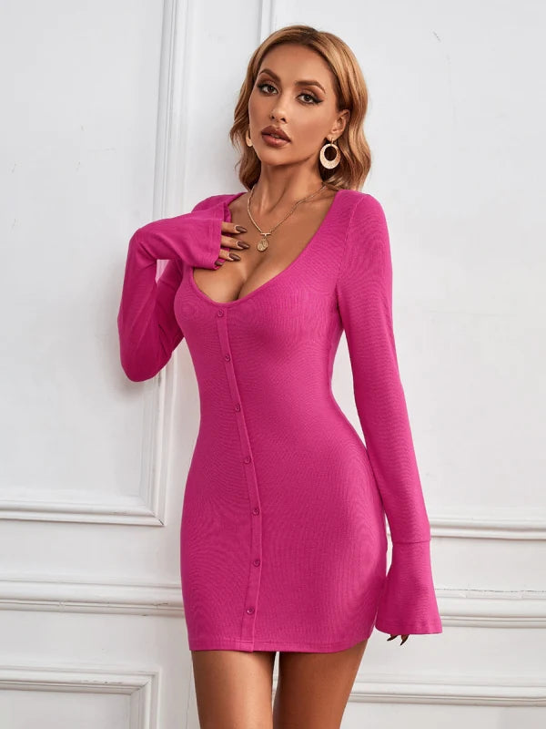 Single-Breasted Knitted Long-Sleeved Dress S / Black