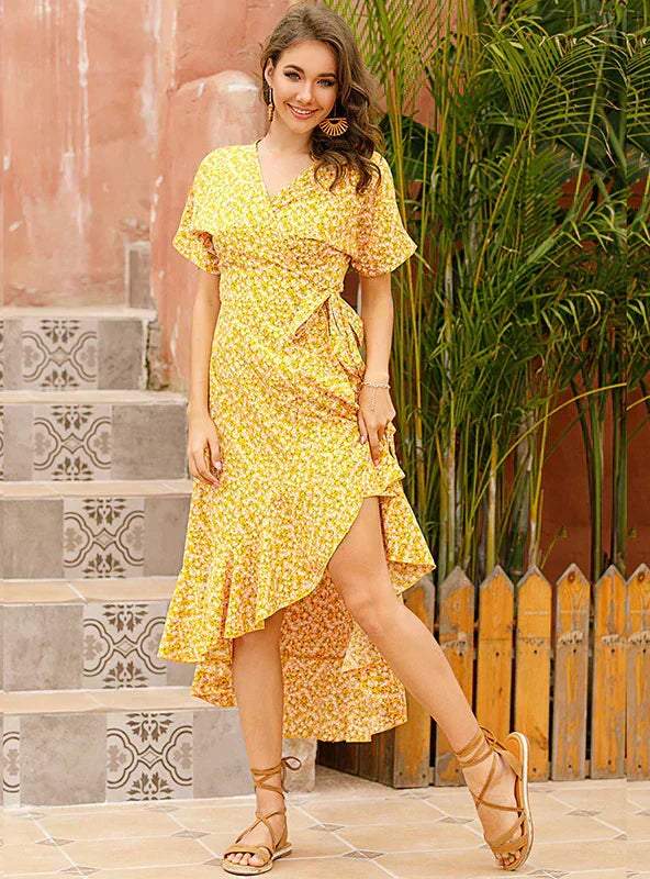 Chiffon V-Neck Flowered Dress S / Burgundy