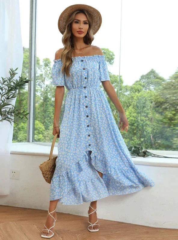 Ditsy Floral Off Shoulder Short Sleeve Button Front High Low Ruffle Hem Maxi Dress