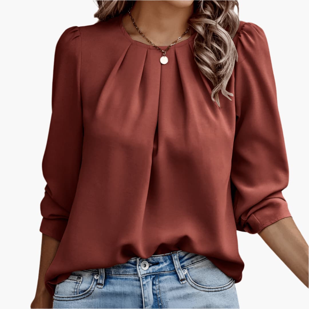 Pleated Round Neck 3/4 Sleeve Blouse