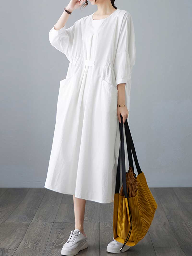 Round Neck Three Quarter Sleeve Gathered Waist Pleated Pocket A-Line Midi Dress