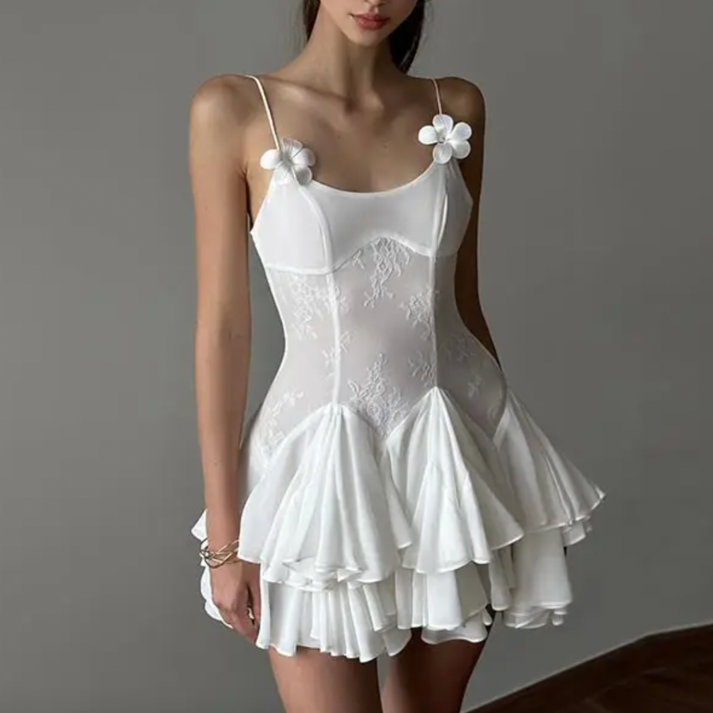 Lace Bustier Spaghetti Strap Tiered Ruffle Mini Dress 3