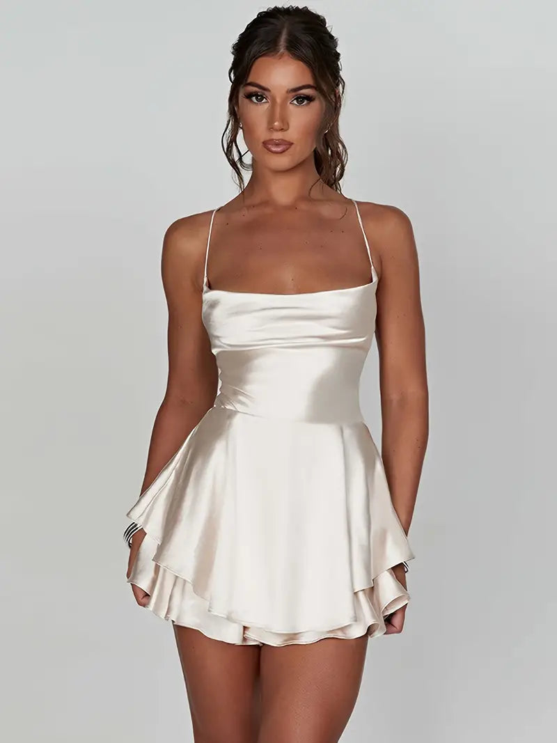 Satin Spaghetti Strap Tiered Ruffle Fit and Flare Mini Cocktail Dress