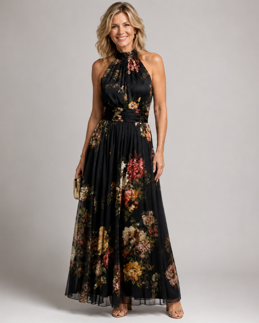 Floral Halter Neck Sleeveless Ruched Waist Maxi Dress