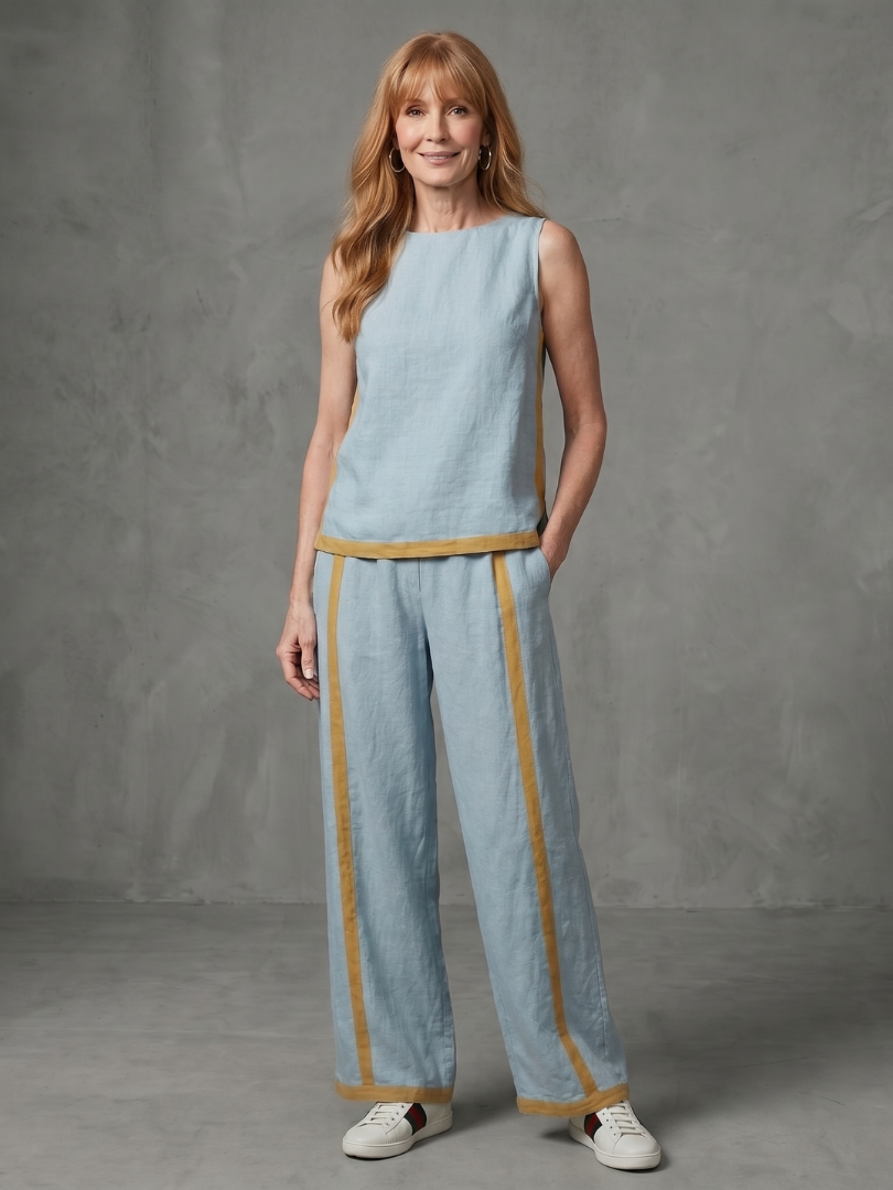 Sleeveless Top and Contrast Stripe Wide Leg Pants Two Piece Set