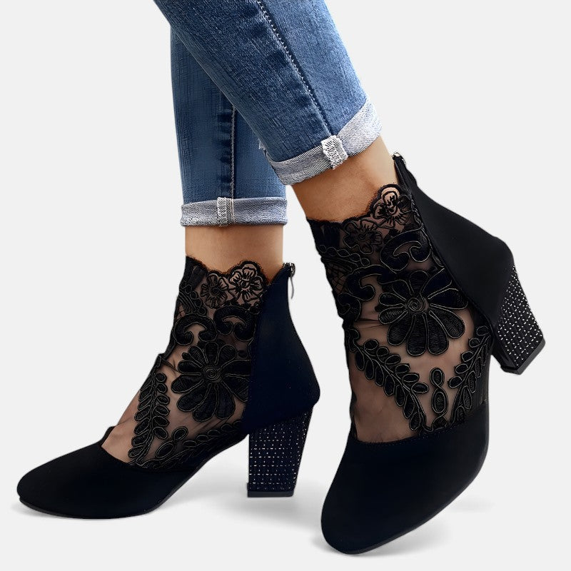 Floral Lace Mesh Round Toe Block Heel Ankle Boots