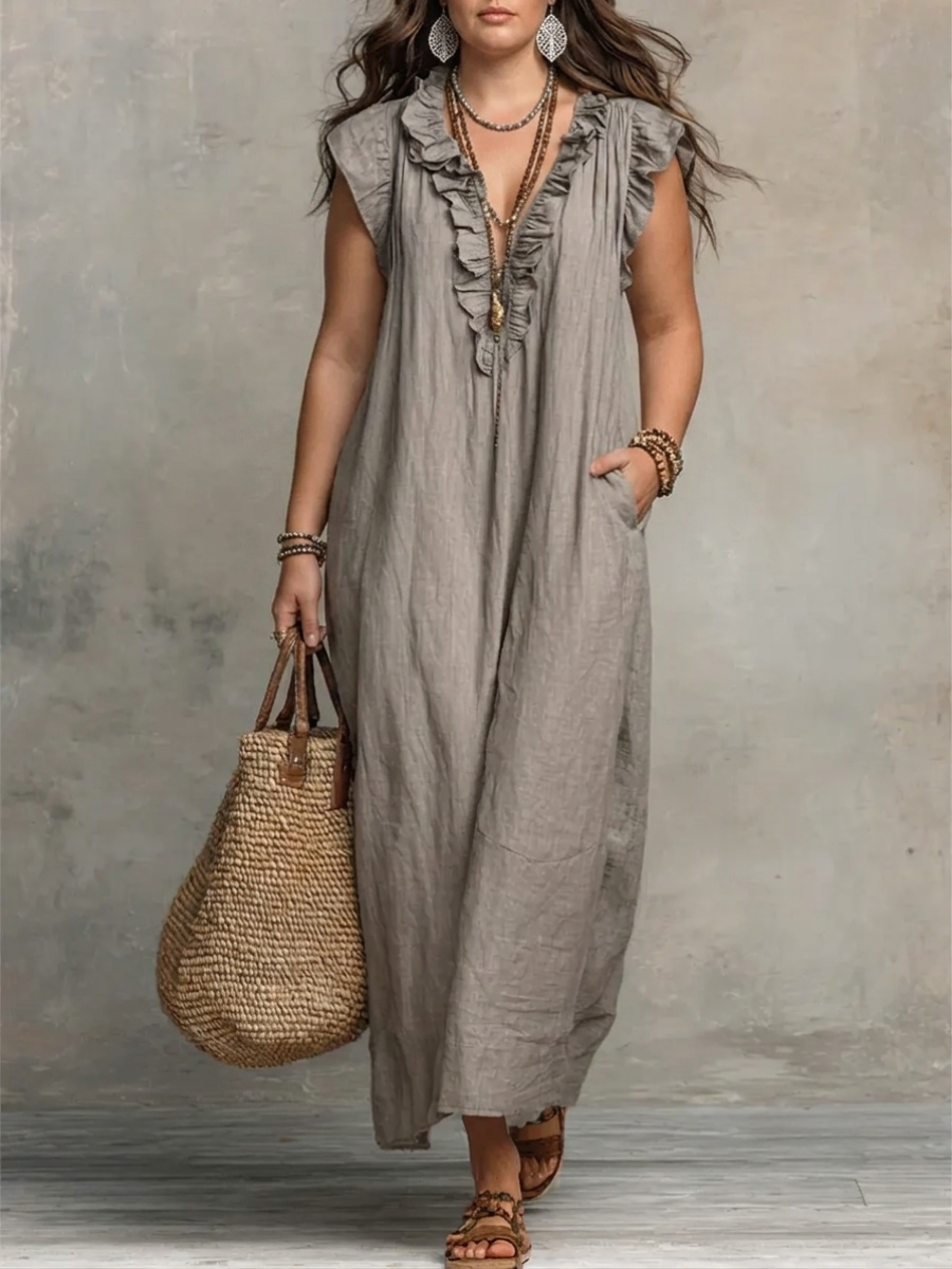Ruffle V-Neck Sleeveless Pocket Linen Maxi Dress