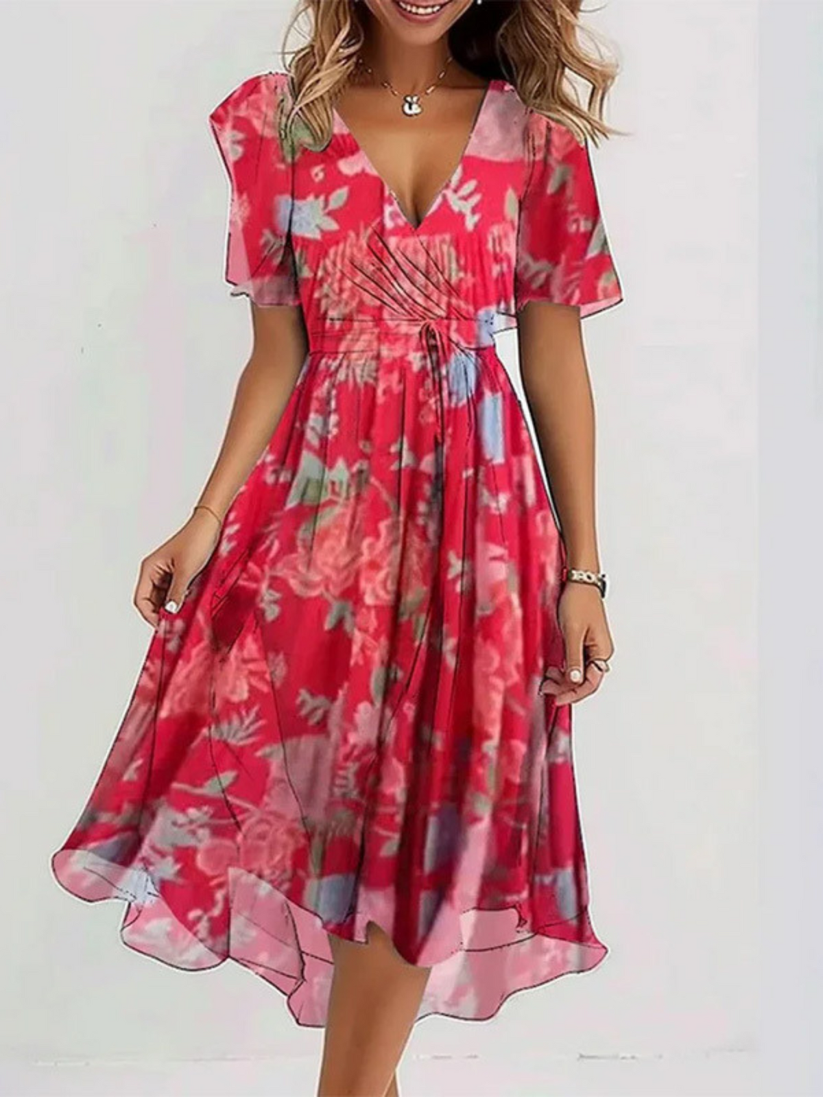 Floral V-Neck Flutter Sleeve Tie Waist Fit and Flare Midi Dress