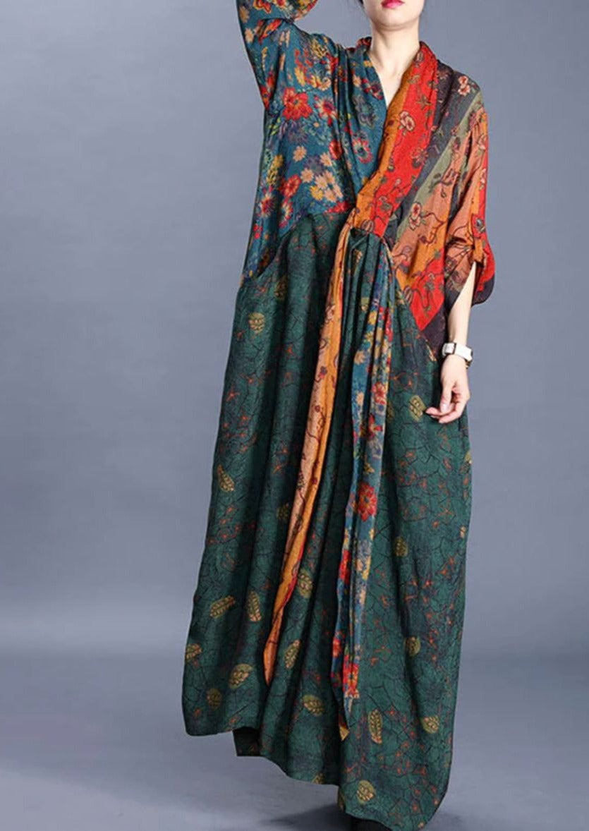 Floral Patchwork V-Neck Knotted Front Long Sleeve Maxi Dress
