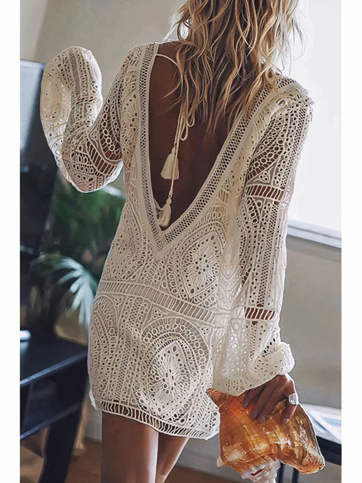 Lace Deep V-Neck Long Balloon Sleeve Shift Mini Dress