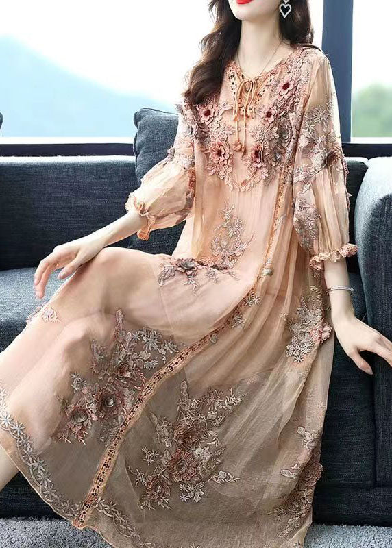 Embroidered Floral Applique Long Sleeve A-Line Midi Dress