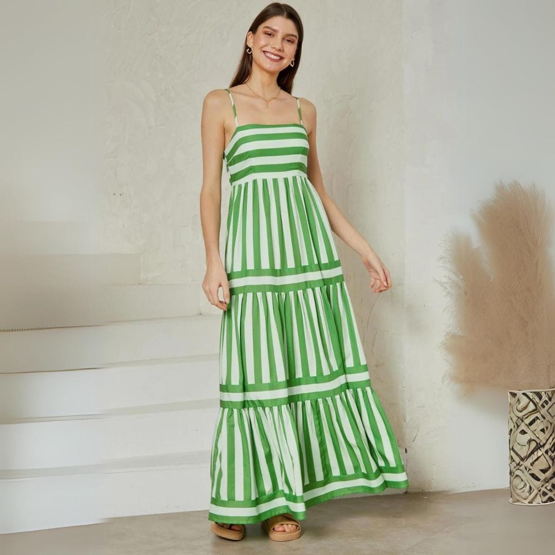 Spaghetti Strap Square Neck Tiered Stripe Maxi Dress