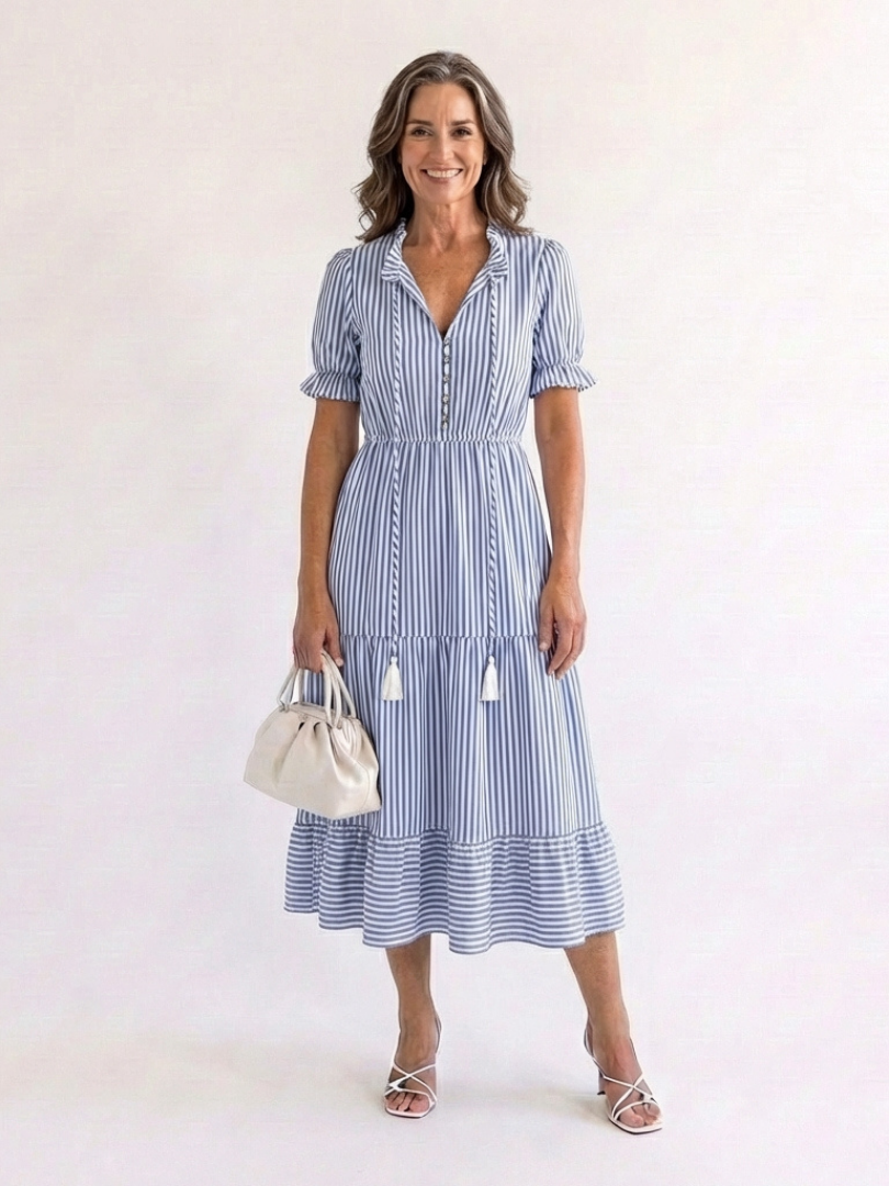 Striped Short Sleeve Button Front Tiered Midi Shirt Dress