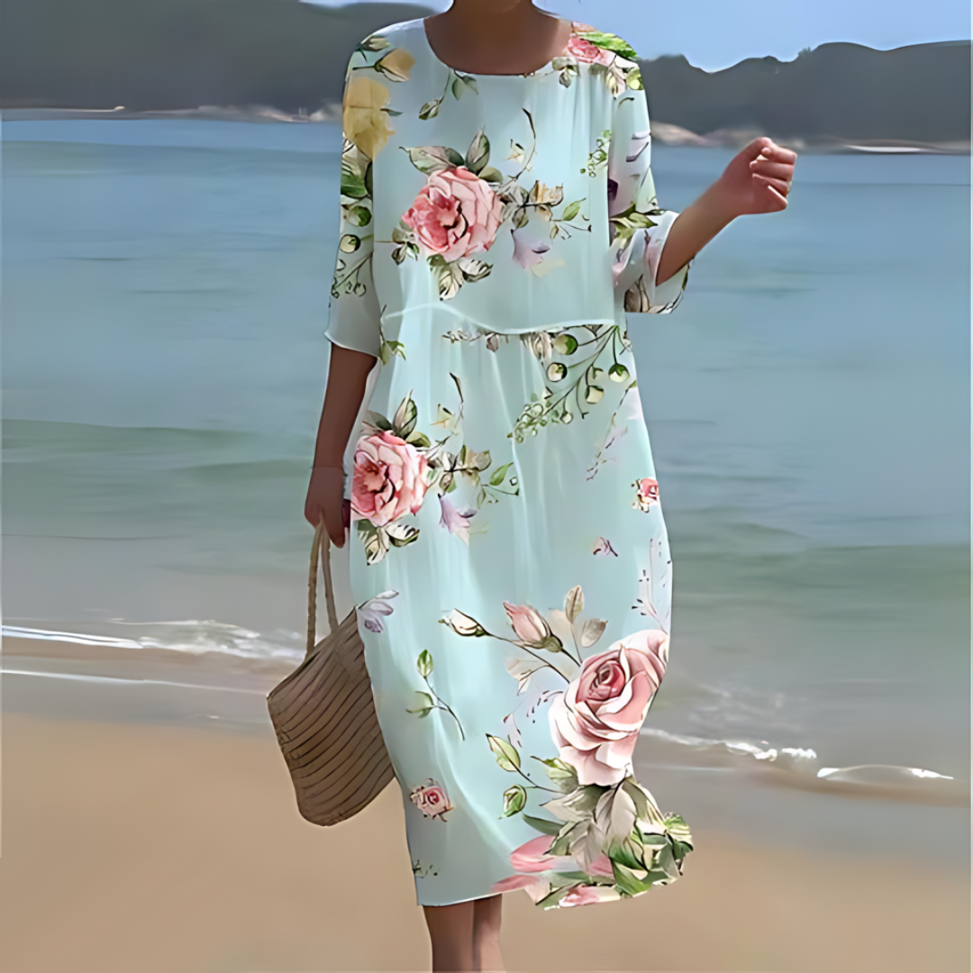 Floral Round Neck Half Sleeve Shift Summer Midi Dress