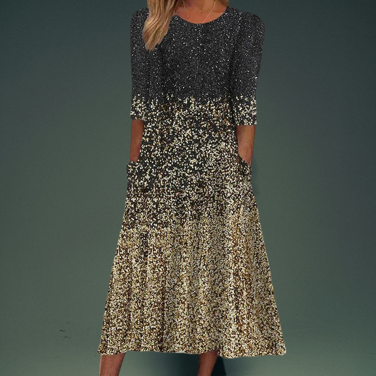 Gradient Print Three Quarter Sleeve Pocket A-Line Midi Dress