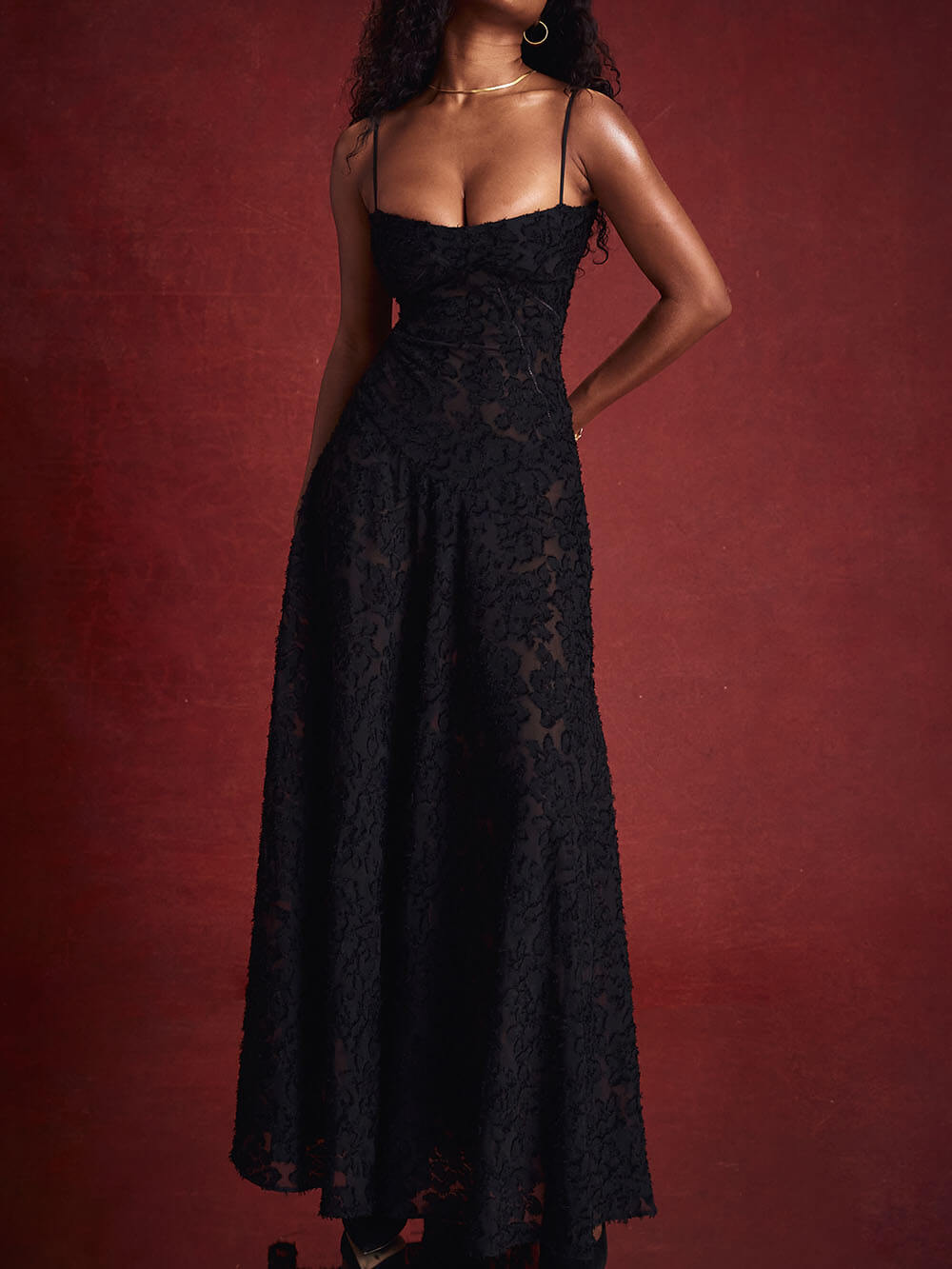 Black Floral Lace Back Maxi Dress - View 6