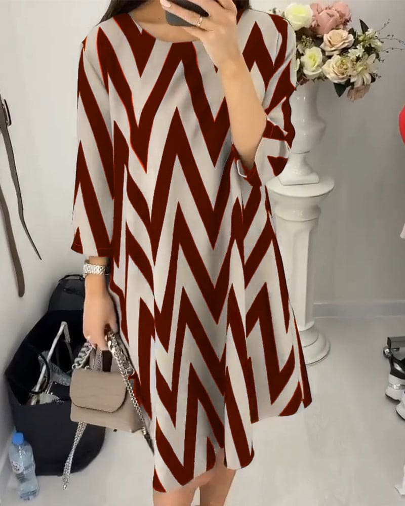 Chevron Print Crew Neck Elbow Sleeve Shift Mini Dress