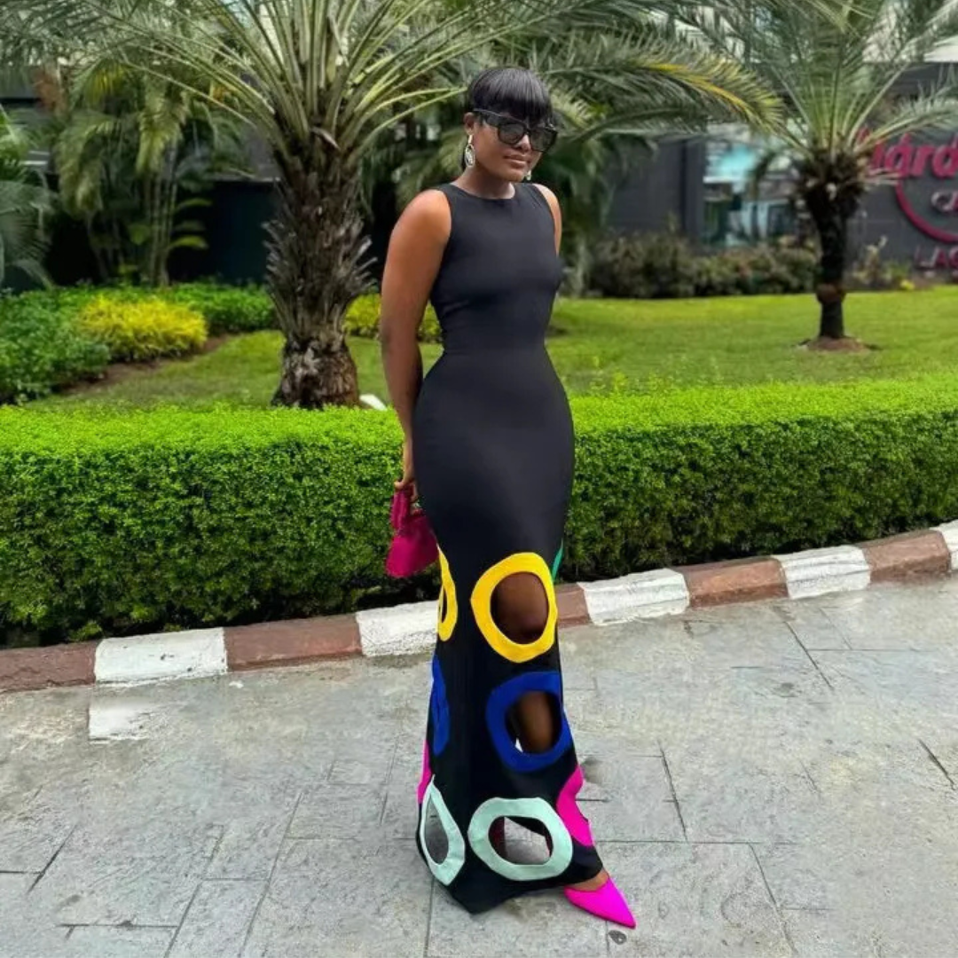 Round Neck Sleeveless Cut Out Circle Applique Bodycon Maxi Dress