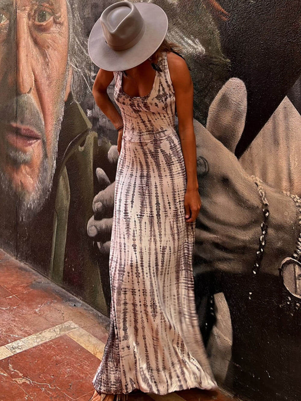 Tie Dye Print Scoop Neck Sleeveless Stretch Knit Maxi Dress