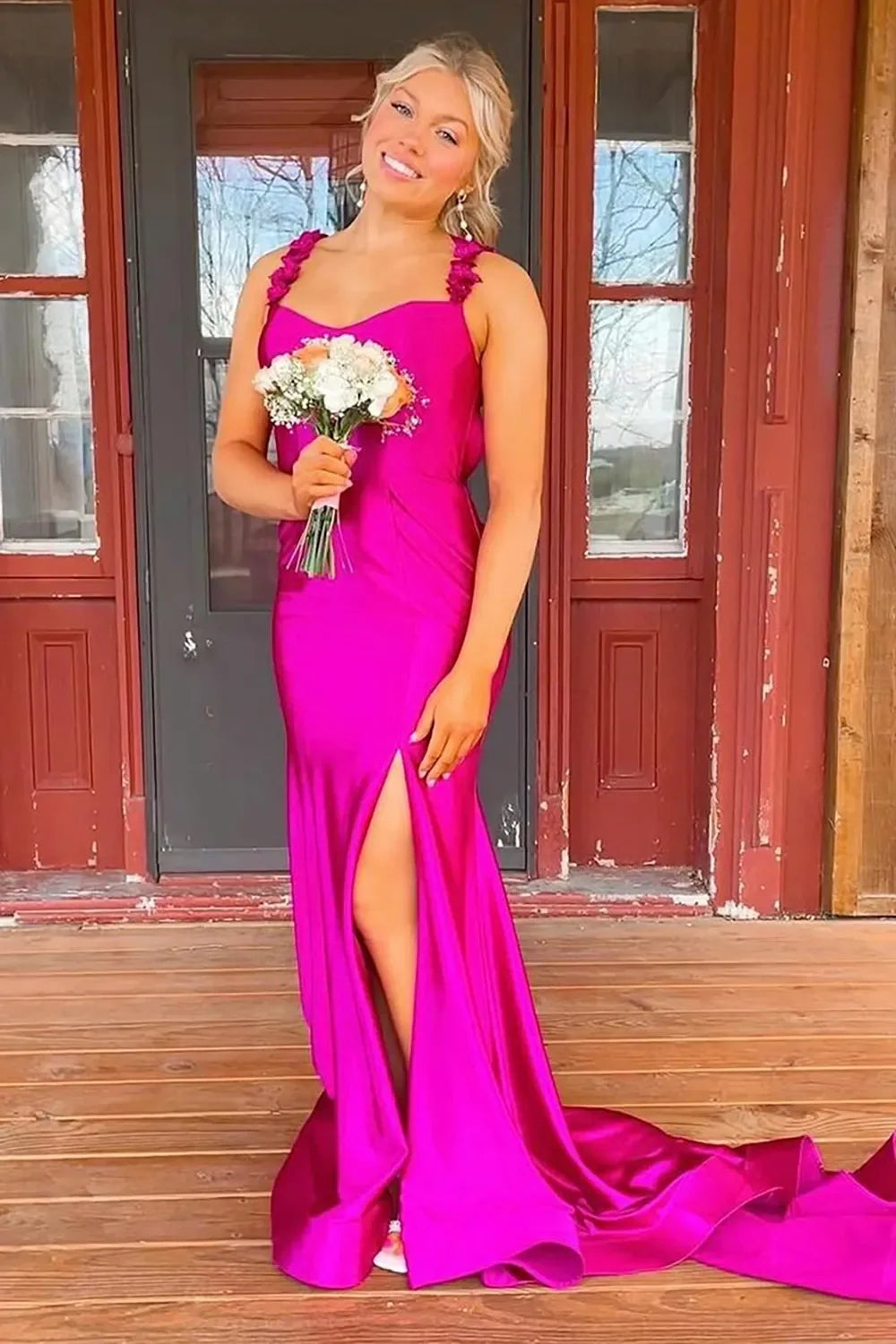 Red Mermaid Straps Keyhole Back Long Satin Prom Dress With Slit