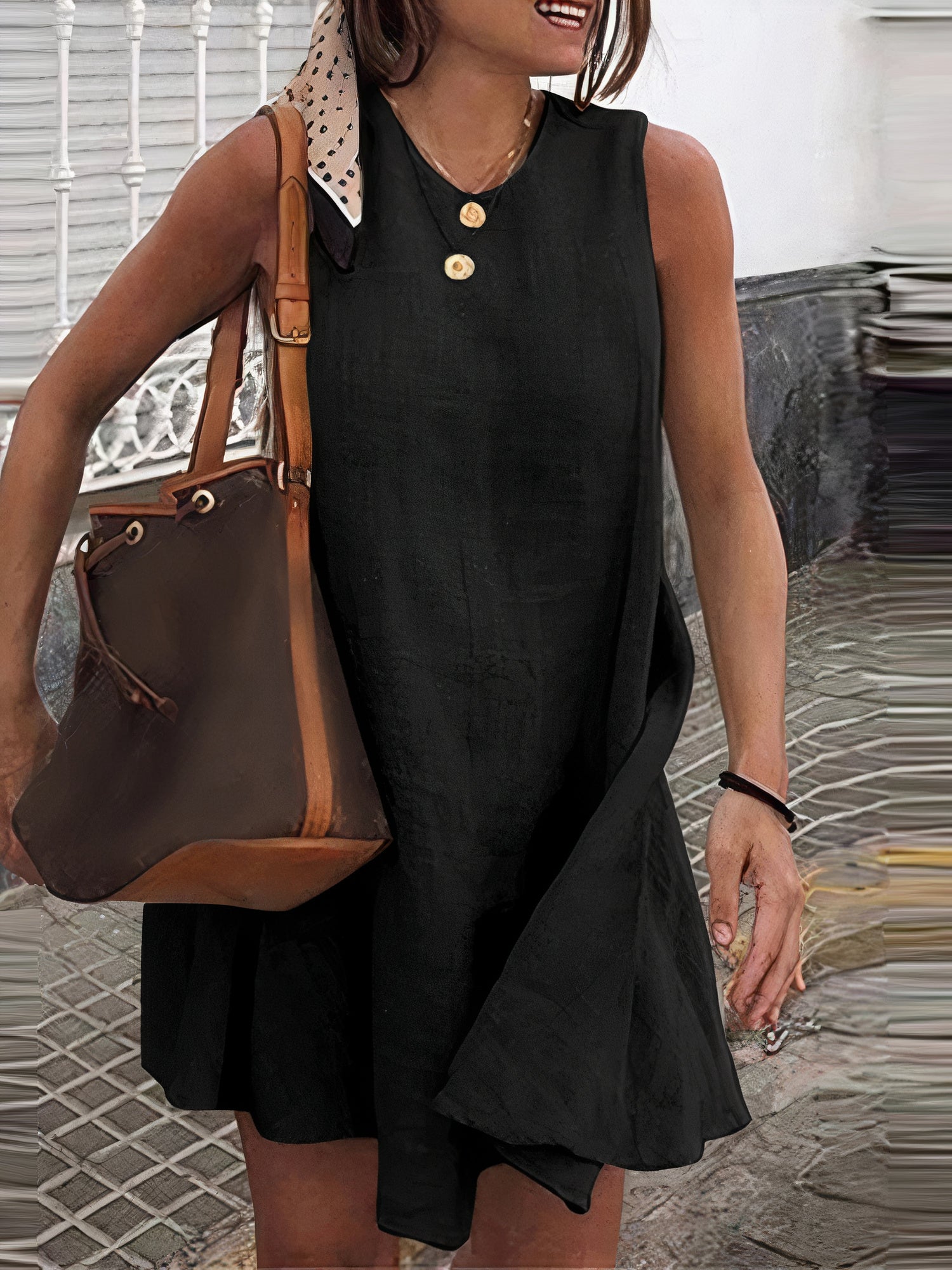 Sleeveless Round Neck Textured Woven Shift Mini Summer Dress