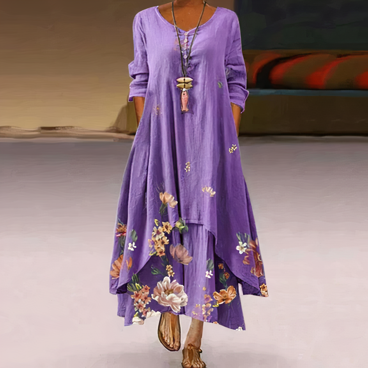 Floral Round Neck Long Sleeve High Low Maxi Dress 2