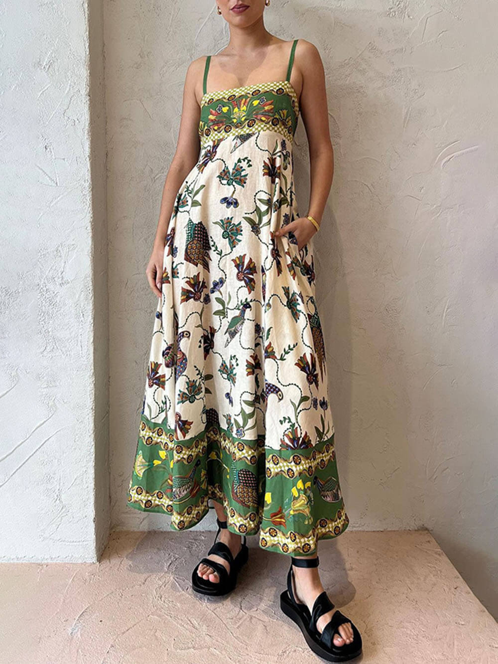 Botanical Border Print Square Neck Empire Waist Pocket Maxi Dress