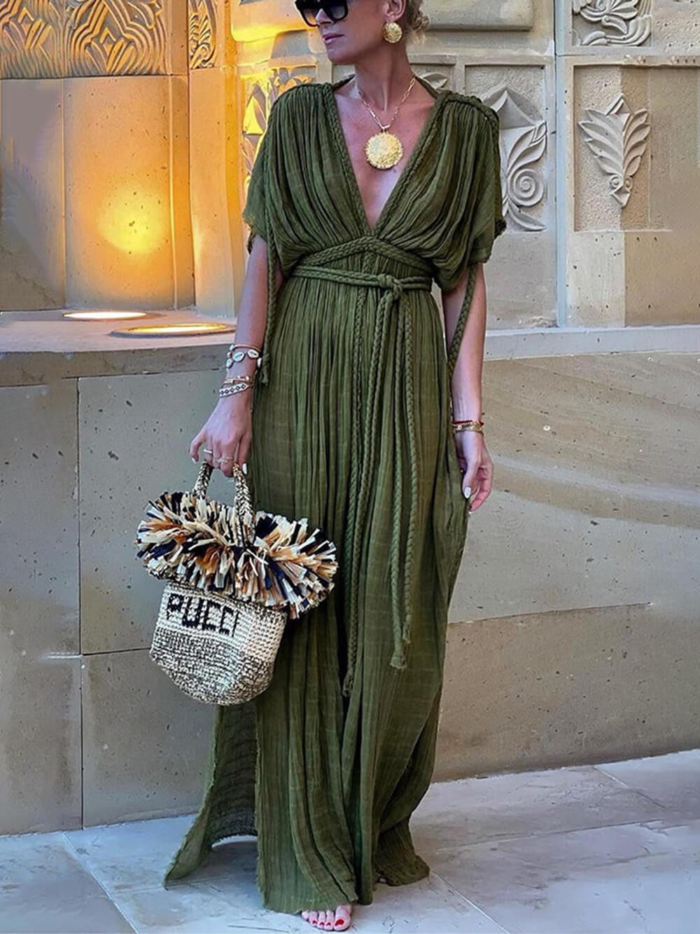 Kimono Draped Braids Cover Up Slit Maxi Dress Green