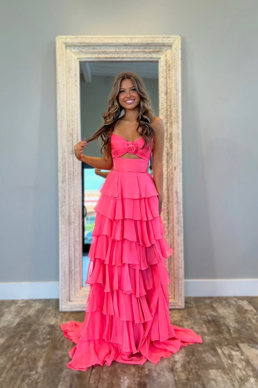 Cute Royal Blue A-Line Strapless Long Tiered Prom Dress with Slit