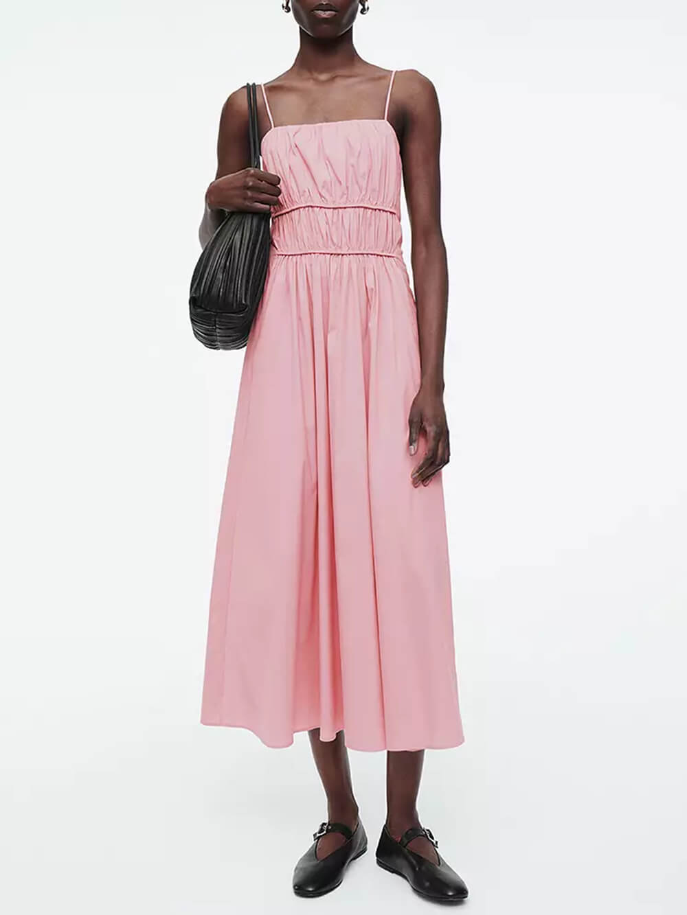 Suspender Pleated Stylish Waist Midi Dress Pink / S Dresses