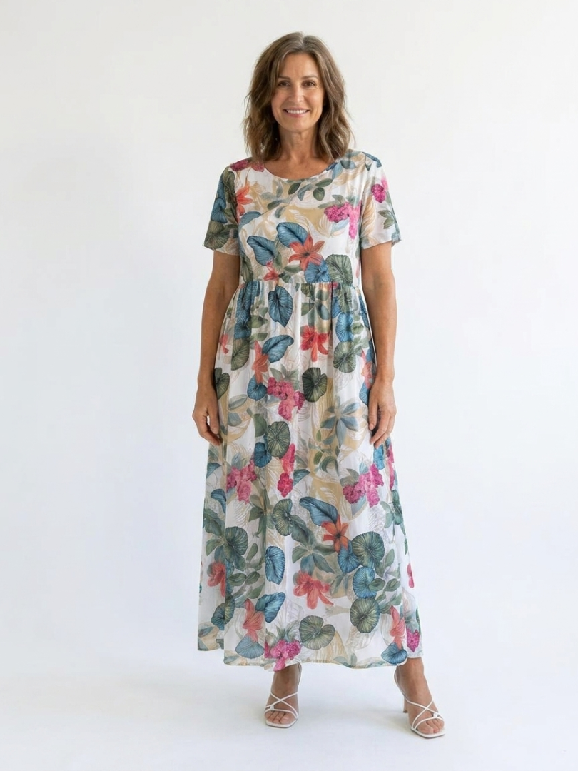 Tropical Floral Round Neck Short Sleeve Maxi Dress