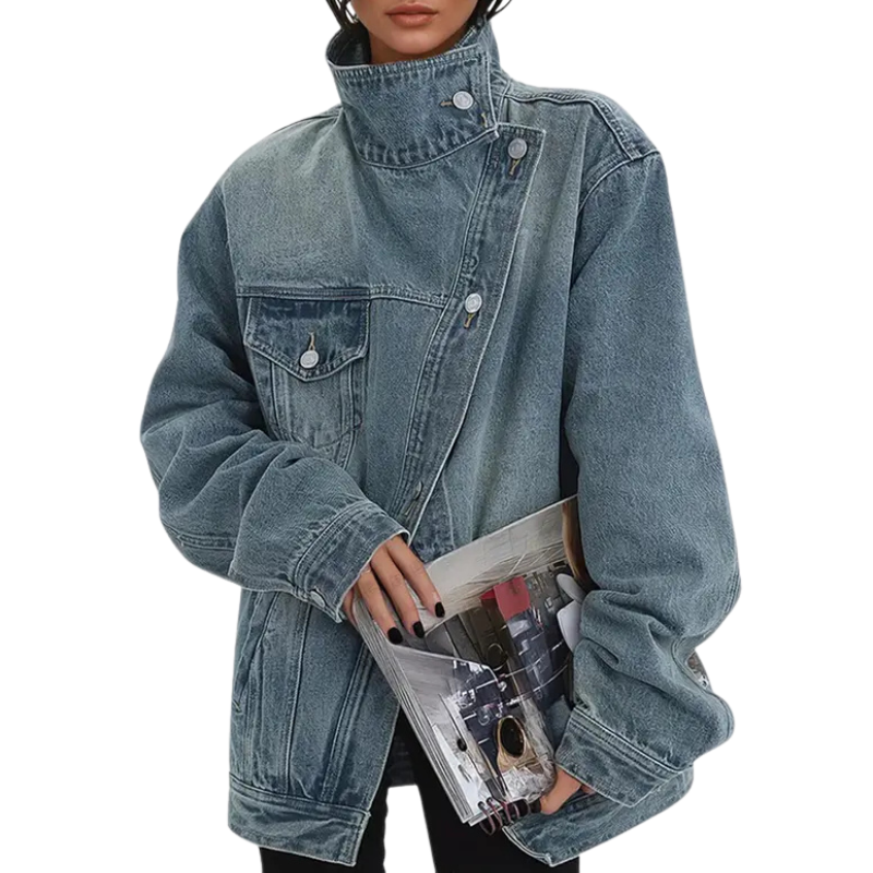 Oversized Stand Collar Button Front Denim Jacket