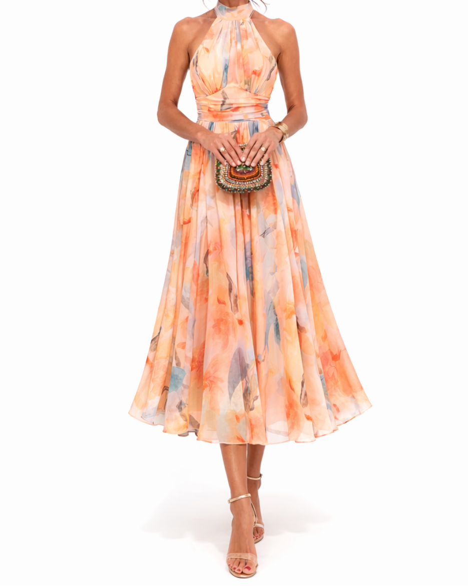 Floral Print Halter Neck Fit and Flare Maxi Dress