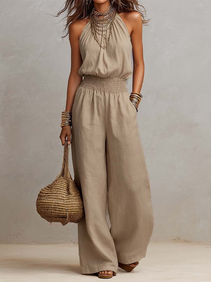 Halter Neck Smocked Waist Wide Leg Jumpsuit