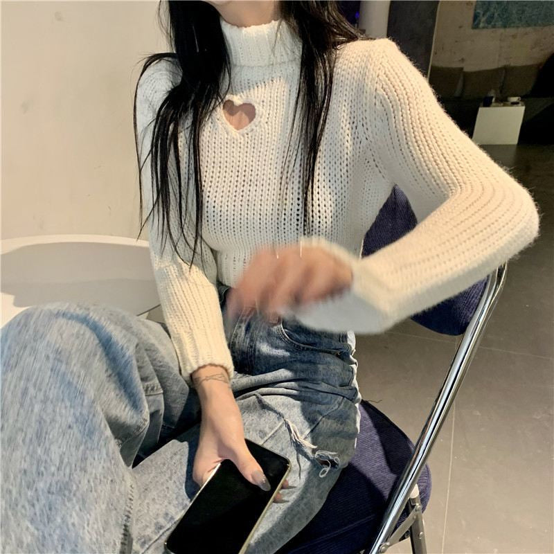 Cute Love Hole Shaped High Neck Cropped Sweater