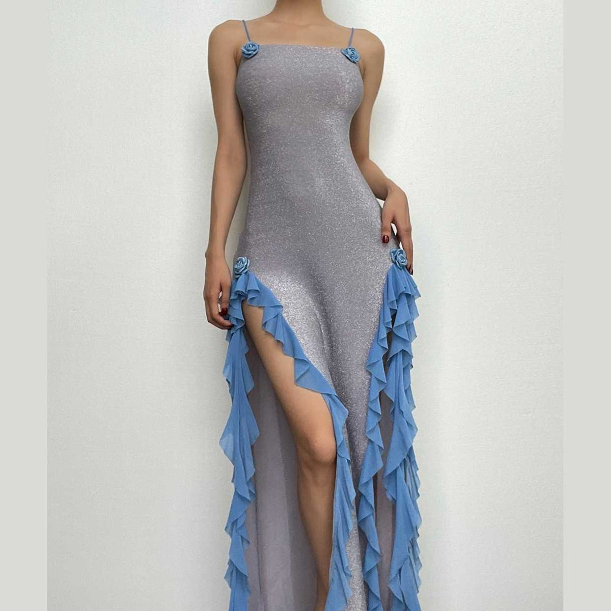 Glitter Spaghetti Strap Rosette Applique Ruffle High Split Maxi Dress