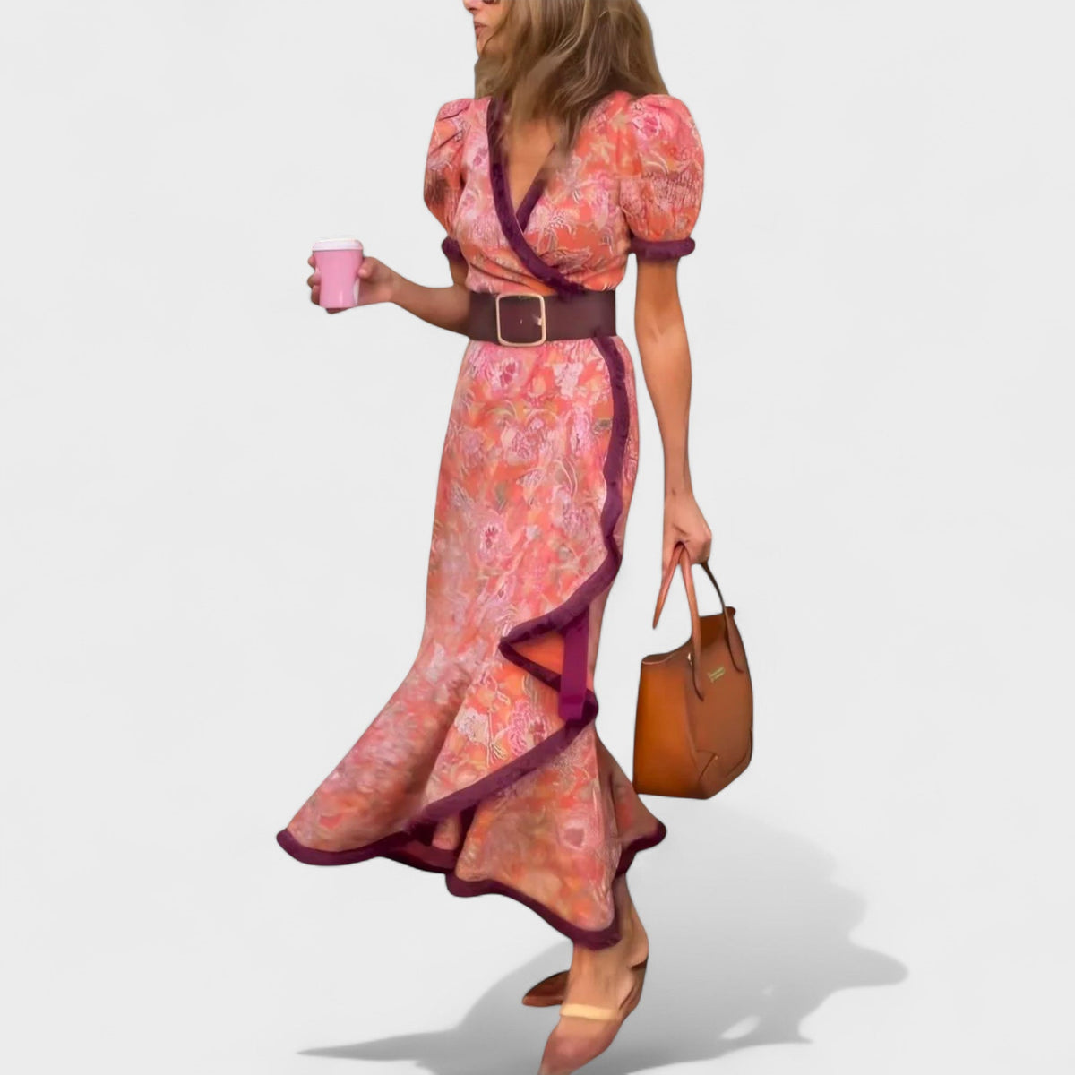 Floral V-Neck Puff Sleeve Ruffle Wrap Maxi Dress