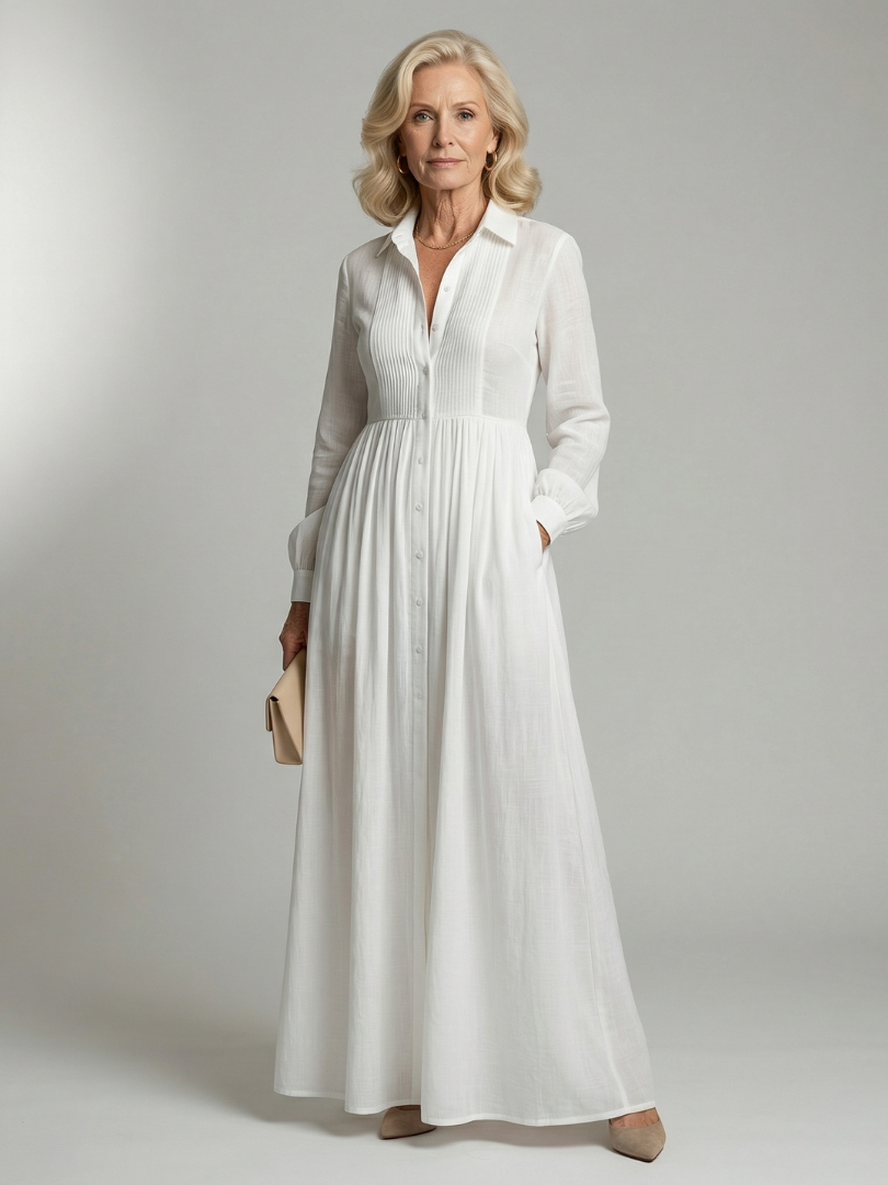 Collared Long Sleeve Pintuck Button Front Maxi Shirt Dress