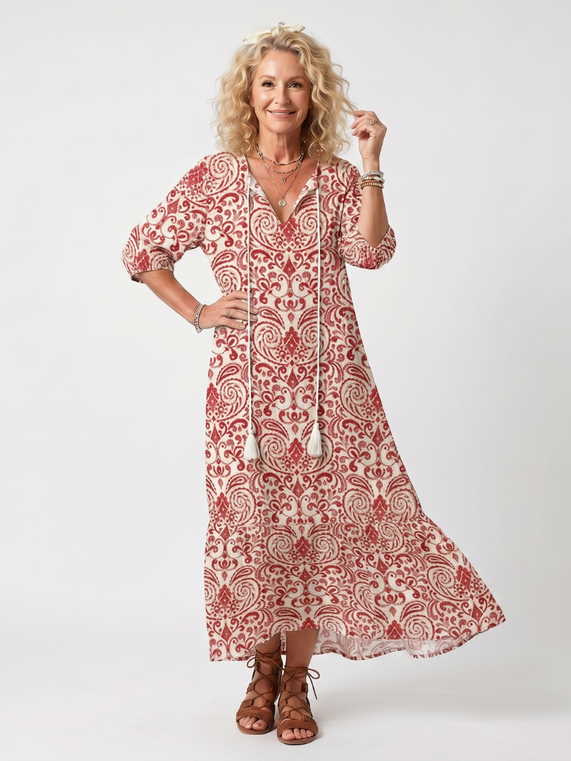 Ornate Print Tie Neck Tassel Three Quarter Sleeve Maxi Dress