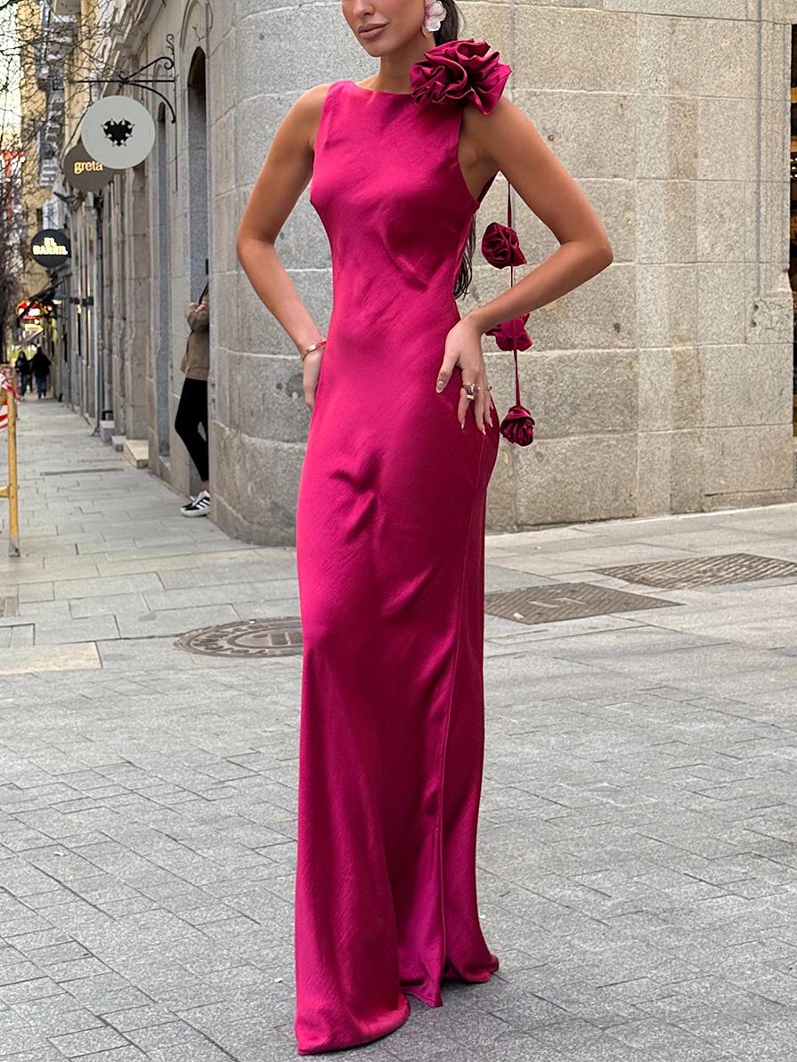 Satin Sleeveless Rosette Shoulder Detail Column Maxi Dress