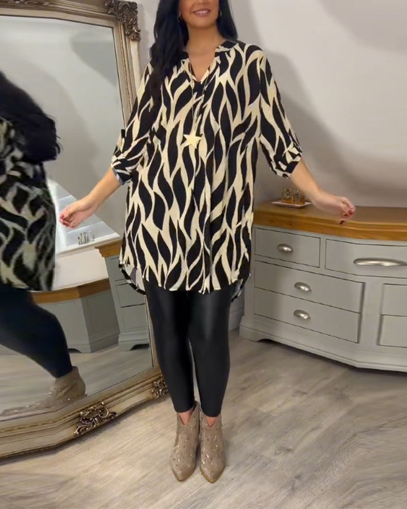 Abstract Print Roll Tab Long Sleeve Collared Button Down High Low Shirt Top