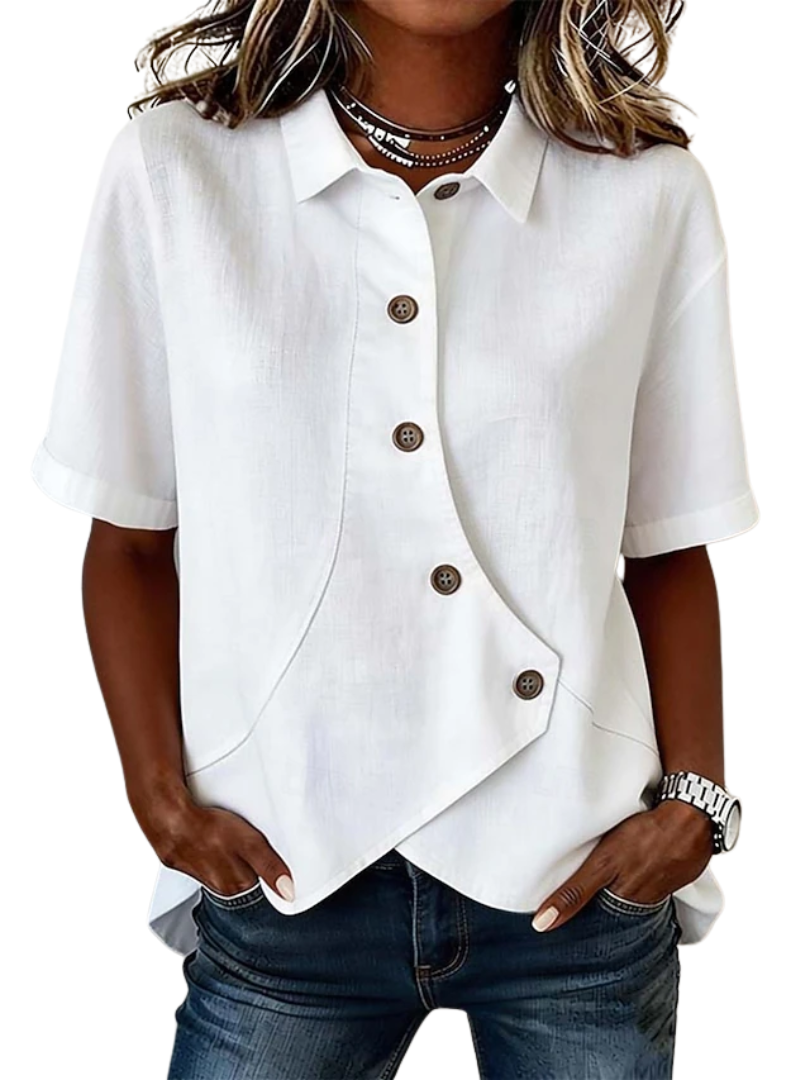 Collared Short Sleeve Button Front Asymmetric Hem Shirt