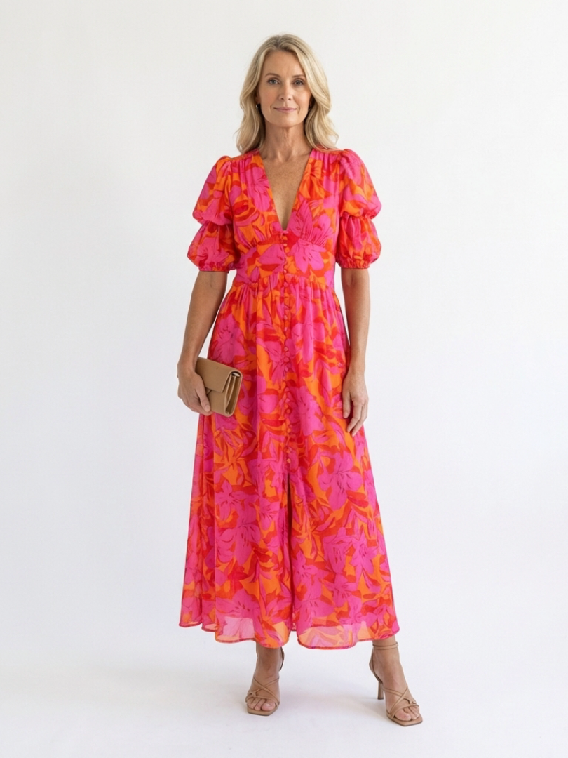 Floral V-Neck Puff Sleeve Button Front Midi Dress
