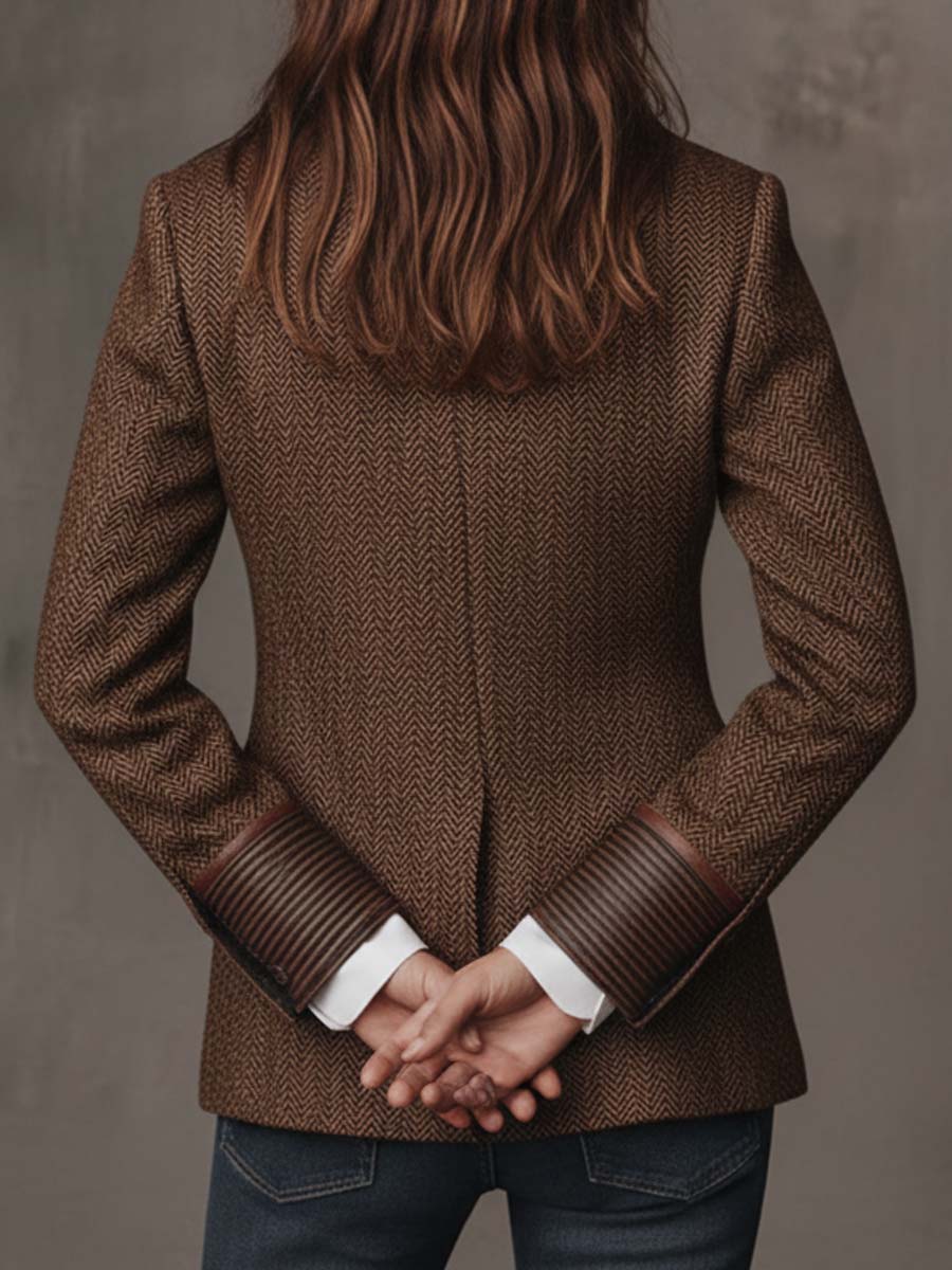 Herringbone Paisley Panel Faux Leather Trim Blazer